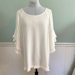 Umgee Oversized Top with Fringed Hem and Bell Sleeves